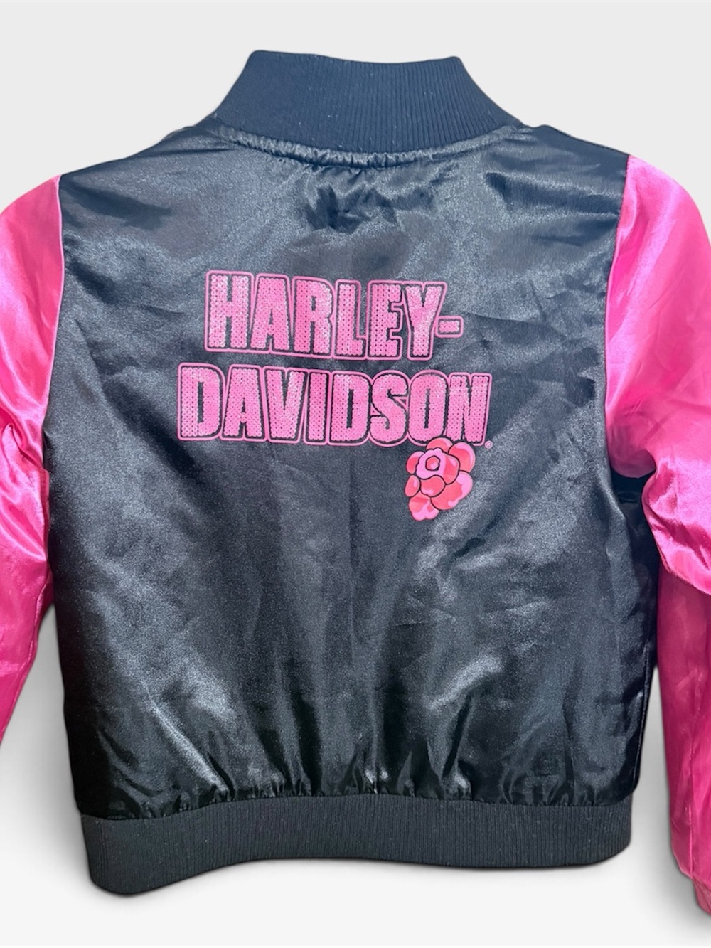 Harley-Davidson Kids Black and Pink Satin Bomber Jacket with Logo